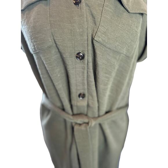 Olive Green Midi Shirt Dress with Belt Roll Tab Sleeve Career Casual - Picture 5 of 10